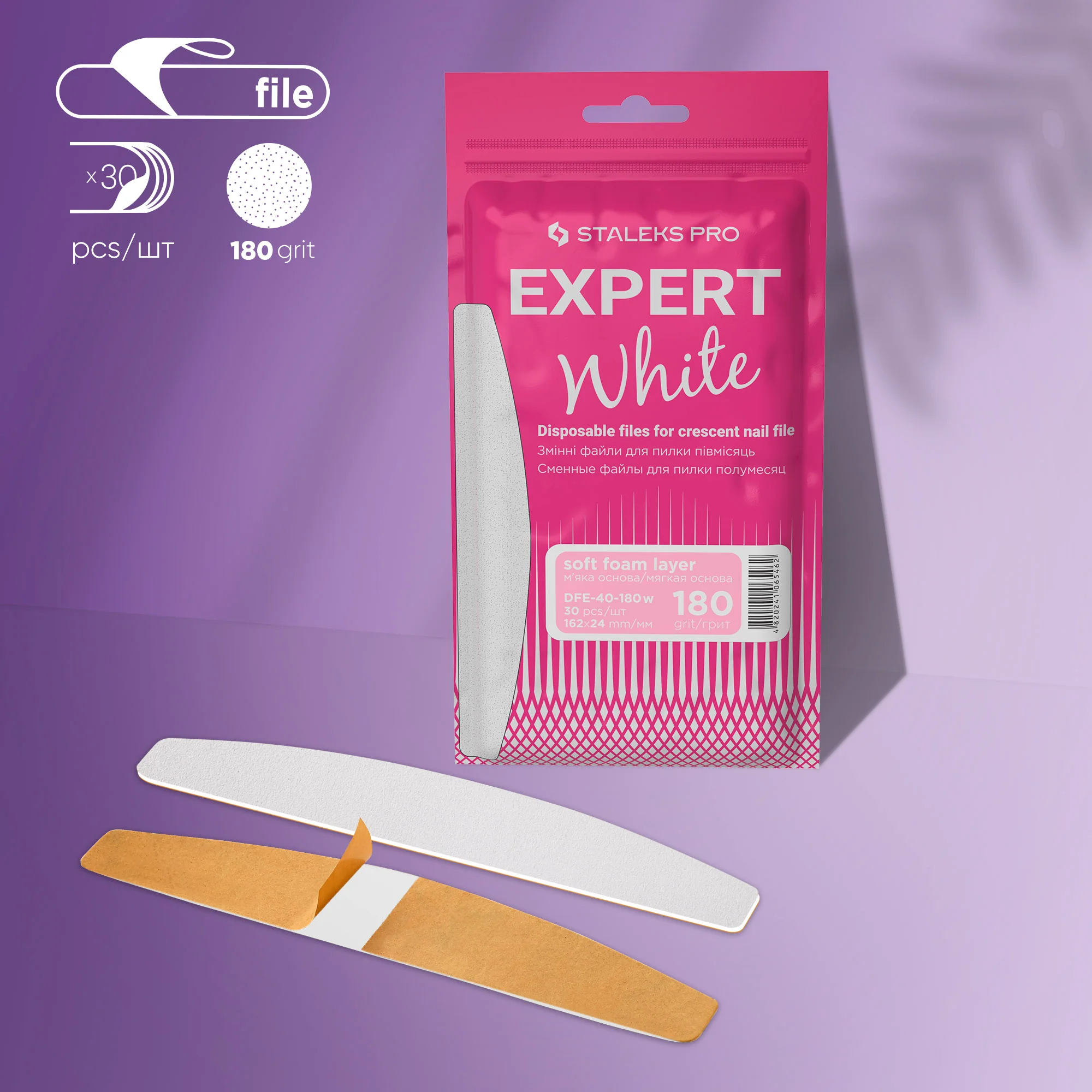 White Refill Files with Soft Base for Half-Moon File EXPERT 40 180 Grit (30 pcs)